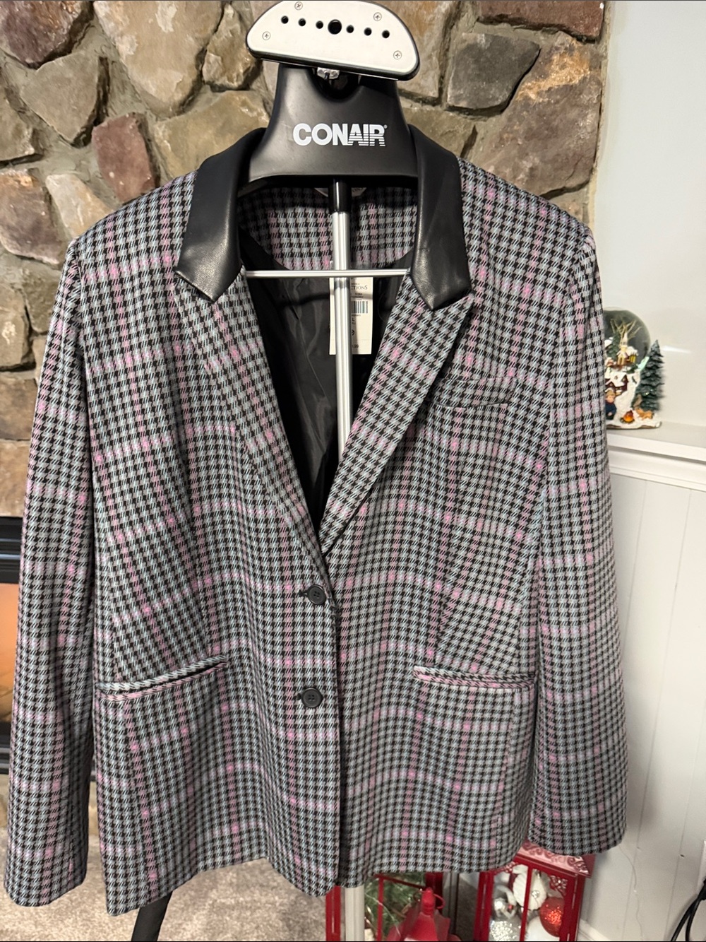 Northern Reflections Gray & Pink Plaid Blazer with Faux Leather Collar